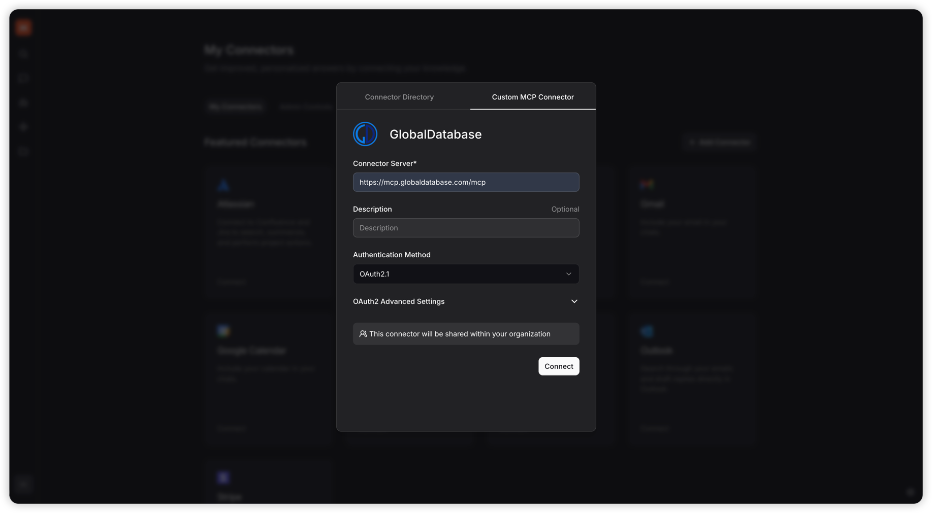Add GlobalDatabase as a Custom MCP Connector
